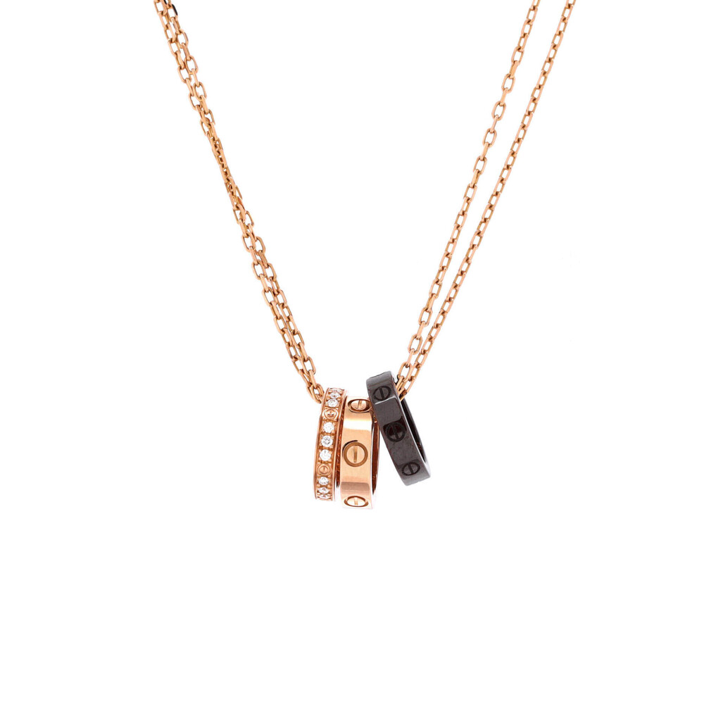 Cartier Love 3 Ring Pendant Necklace 18K Rose Gold and Ceramic with Diamonds